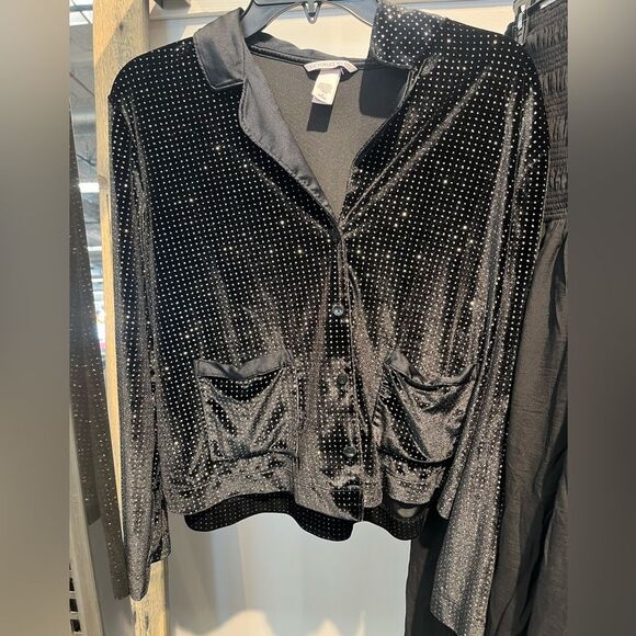 Victorias Secret Velour Sequin Sparkly Button Down Pajama Top Size Medium Black - Picture 2 of 4